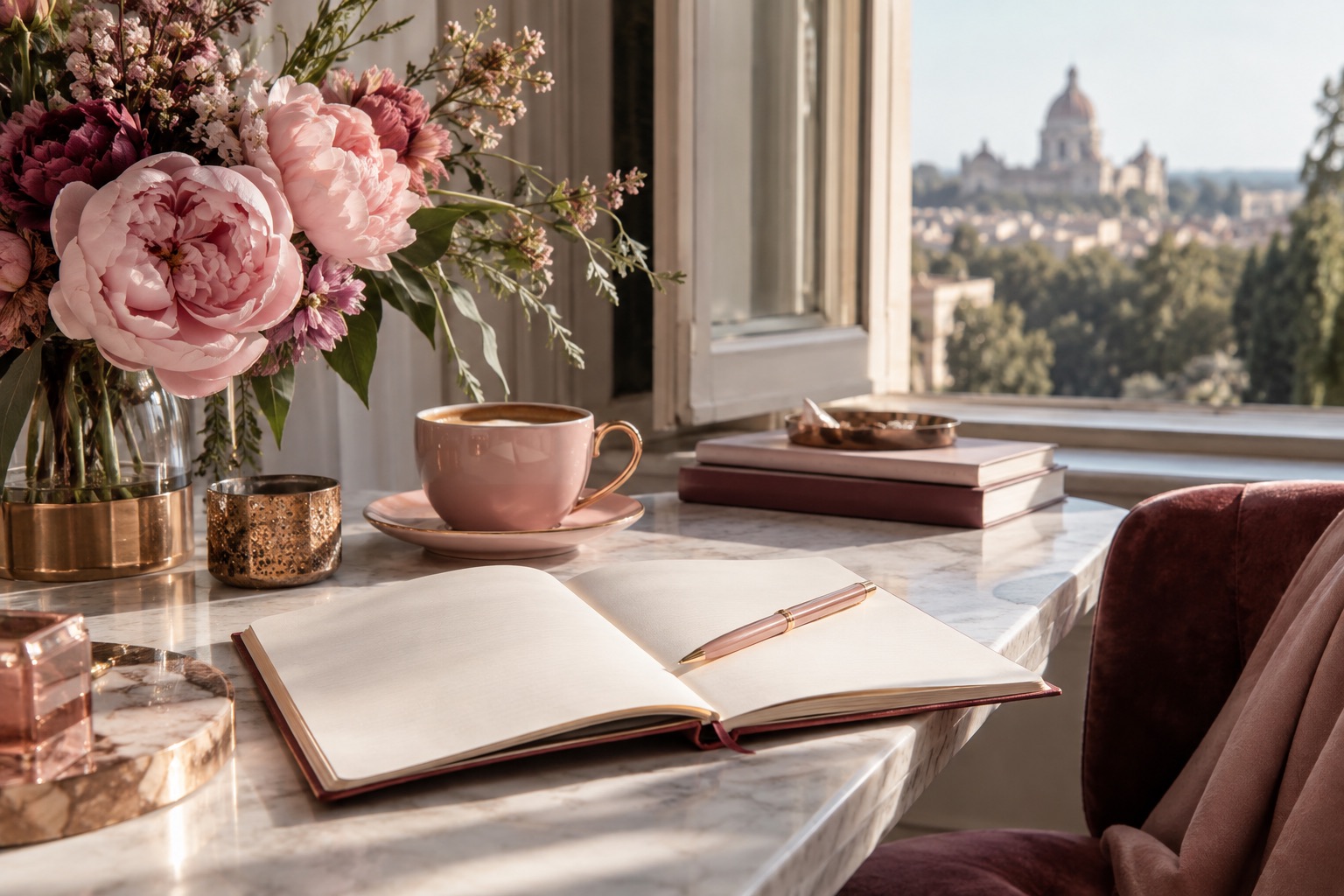 Sunlit desk with an open notebook, pink coffee cup and flowers