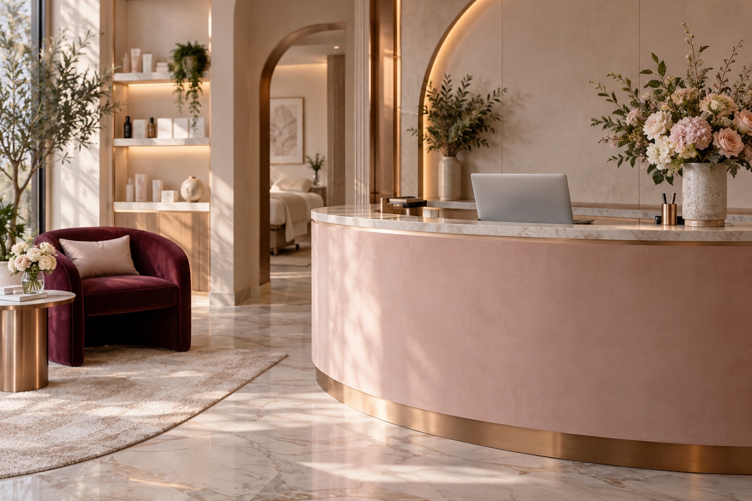 Conceptual med spa reception with a blush desk, burgundy chair and warm metallic details